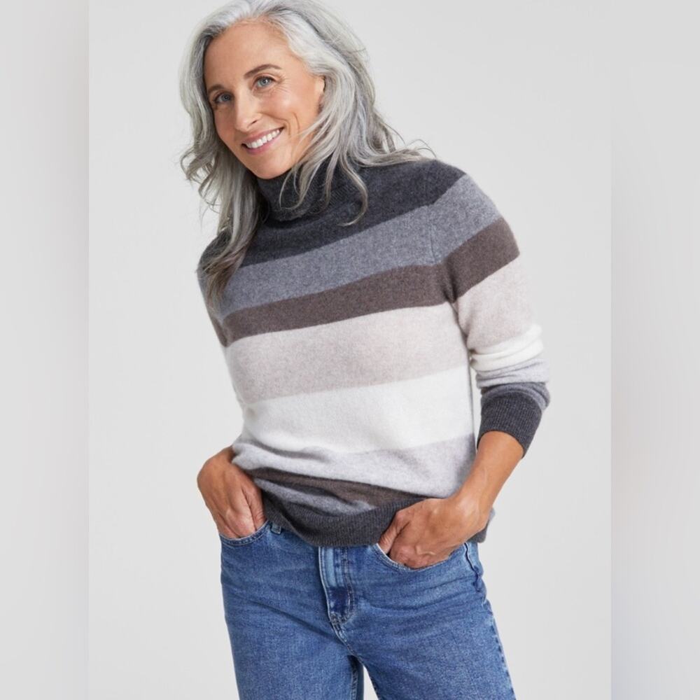 Charter Club Women's Striped 100% Cashmere Turtleneck Sweater. Black Ice Heather